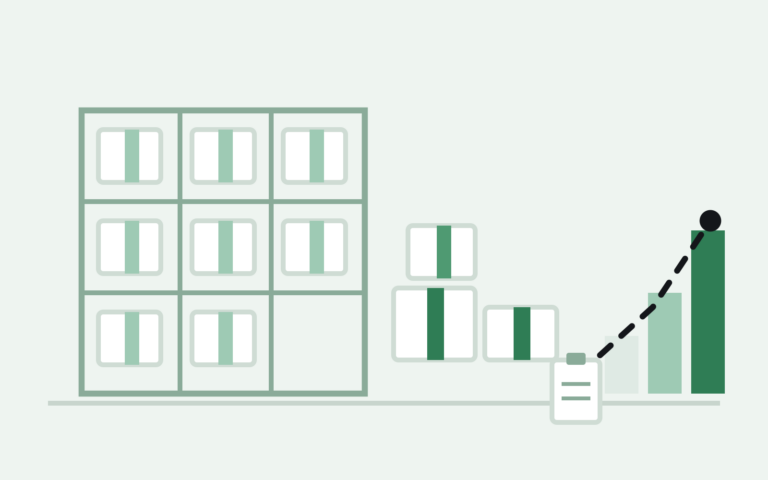 Warehouse storage rack full of boxes with extra pallets overflowing beside a rising 3PL storage fees cost chart