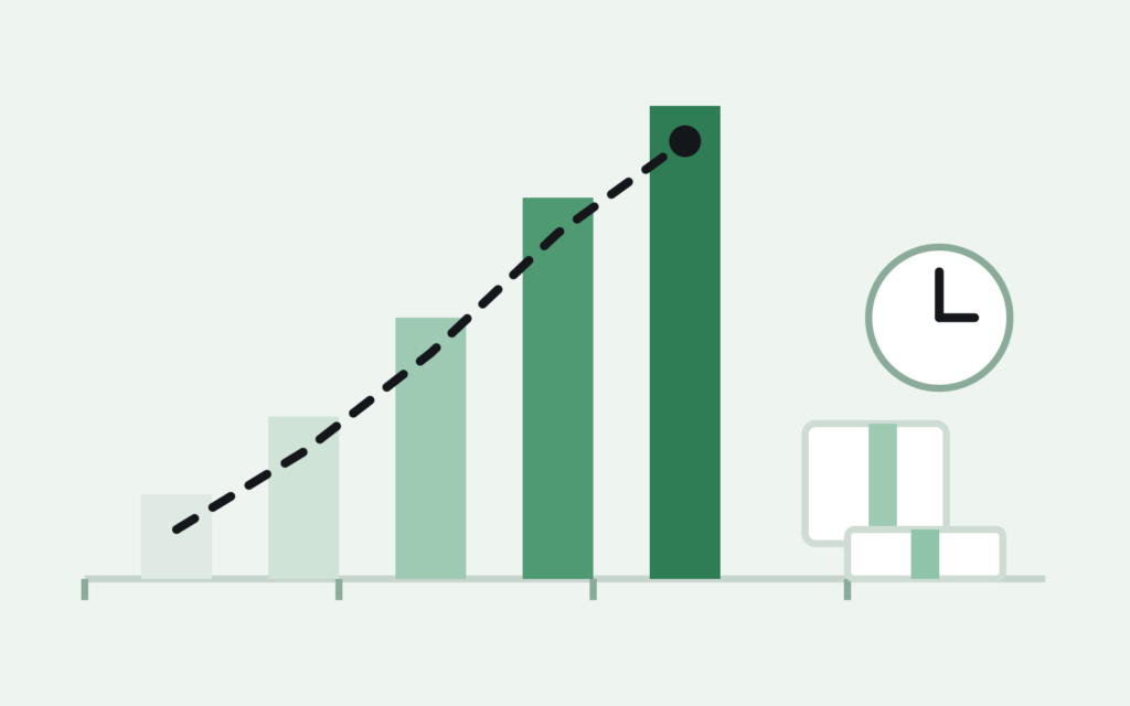 Bar chart showing the amazon aged inventory surcharge stepping up in tiers next to a clock and a stack of taped boxes