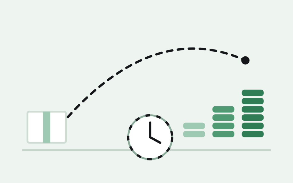 Box shipping through a delay clock into a growing stack of coins, representing the Amazon DD+7 payout delay slowing seller cash flow