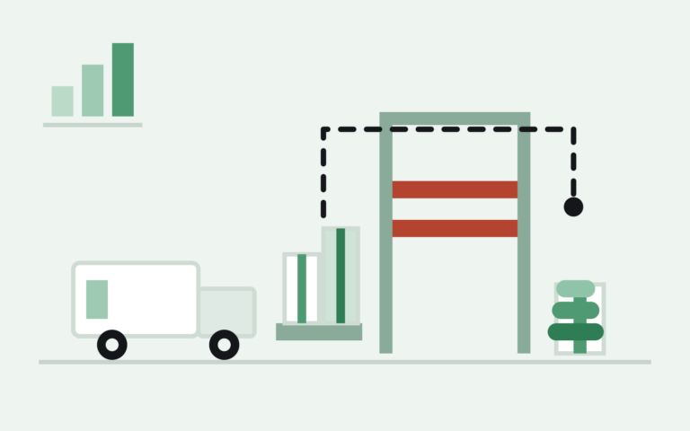 Truck and pallet of boxes stopped at a red-barred Amazon restock limits gate, with a dashed path showing recovered value on the other side