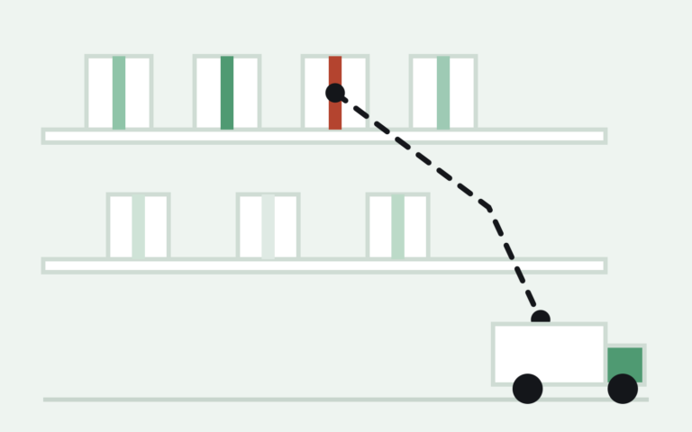 Warehouse shelf with one flagged unfulfillable inventory box routed by a dashed line to an outbound truck