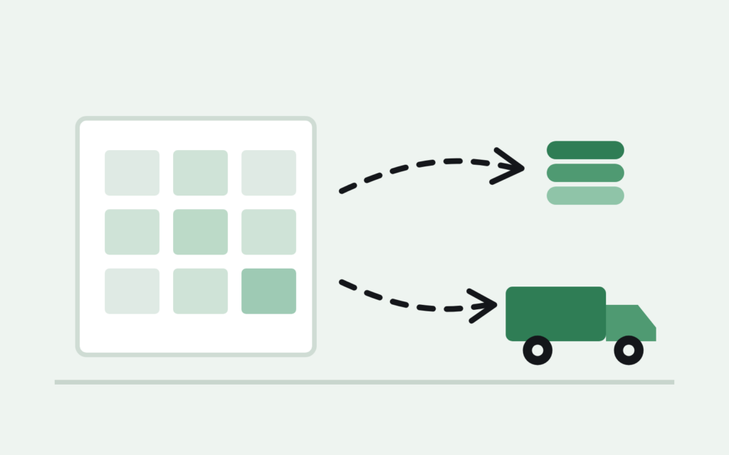 A fulfillment center grid of boxes with arrows out to a payout and a removal truck — how Amazon liquidation works