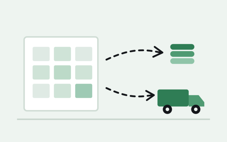 A fulfillment center grid of boxes with arrows out to a payout and a removal truck — how Amazon liquidation works