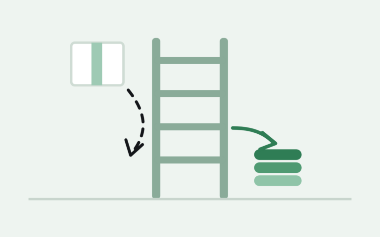A ladder with a box at the top and a stack of coins at the bottom rung — the surplus inventory disposition ladder
