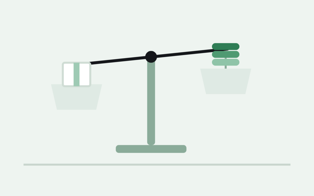 A balance scale weighing an inventory box against stacked coins — is liquidation good or bad