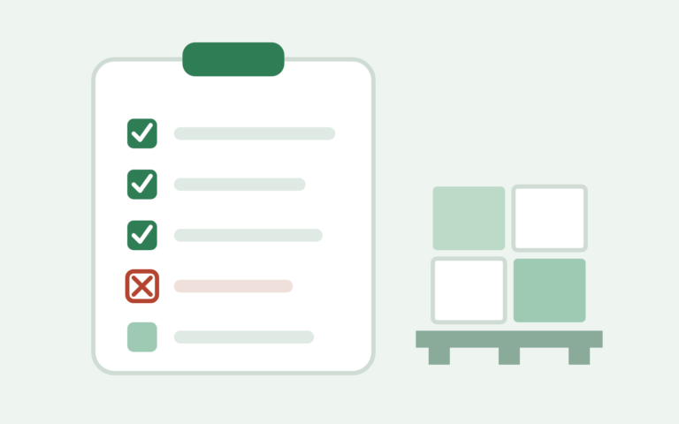 A vetting checklist on a clipboard with green checkmarks and one red flag, next to a pallet stacked with boxes