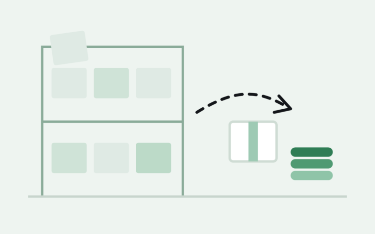 Overfull warehouse shelf with a surplus box moving to a small stack of coins — managing surplus inventory