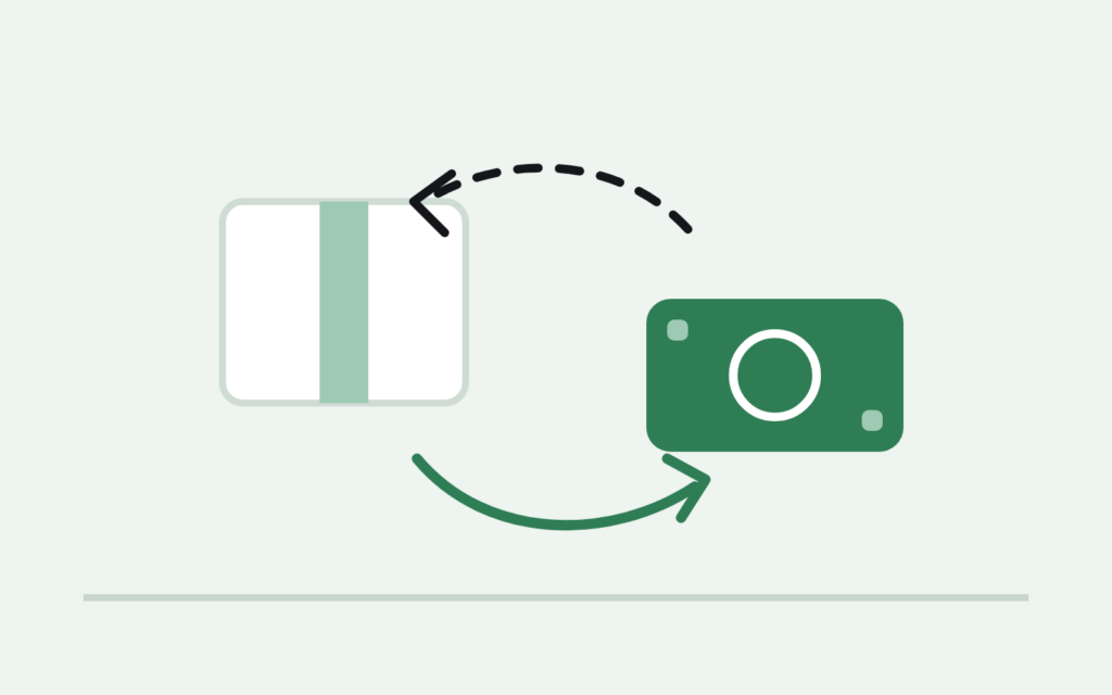 An inventory box and a banknote exchanged in a loop of arrows — partnering with Recouply