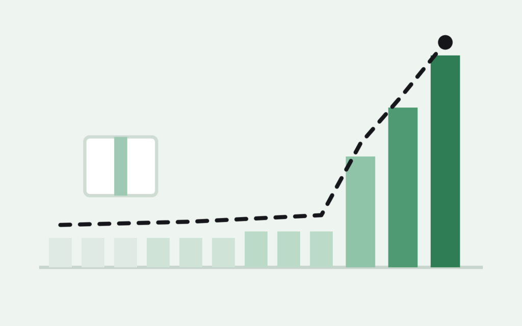 Chart of monthly Amazon storage fees staying flat January through September, then spiking in October, November, and December, beside a taped inventory box