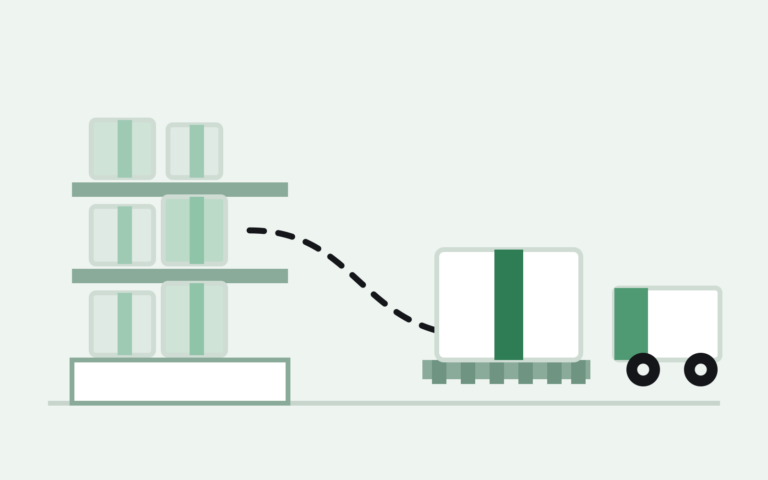 Shopify overstock inventory boxes moving from a crowded warehouse shelf onto a pallet bound for a truck