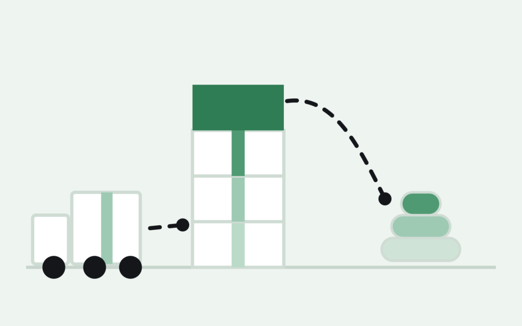 A truck delivering tariff excess inventory onto a growing stack of boxes, with a dashed line showing the cash tied up shrinking a coin stack