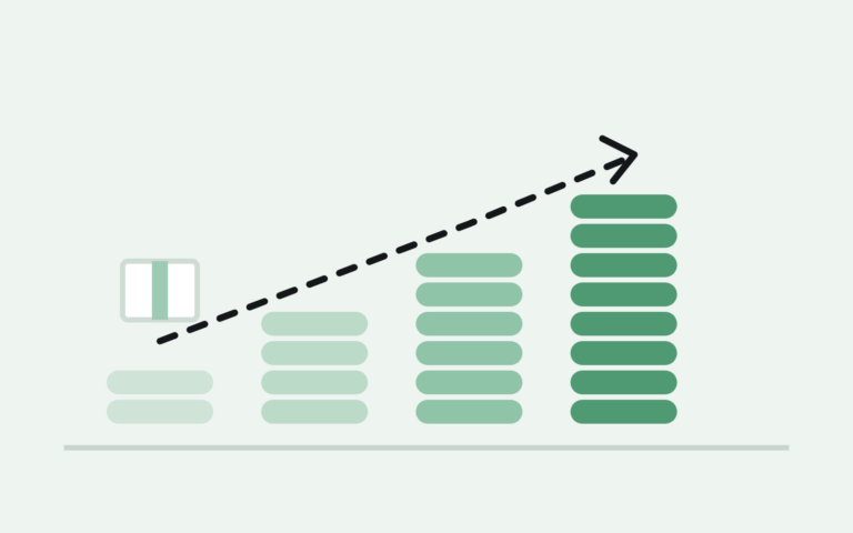 Four coin stacks rising left to right with an upward dashed trend arrow and an inventory box at the start
