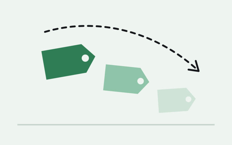 Price tags stepping down in size and color with a descending arrow — a liquidation sale