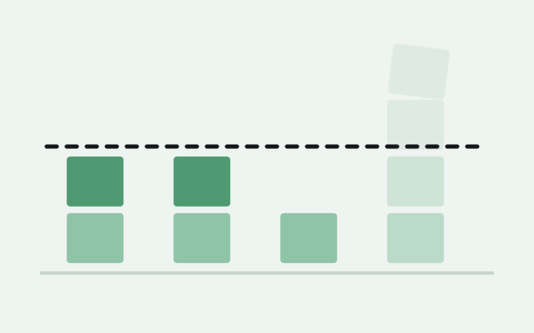 Even stacks of boxes below a dashed demand line and one overflowing pale stack above it — surplus inventory