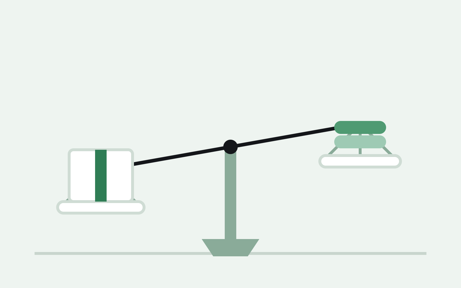 balance scale weighing a taped inventory box against a stack of coins, representing the choice between paying an Amazon Capacity Manager fee or liquidating slow-moving stock