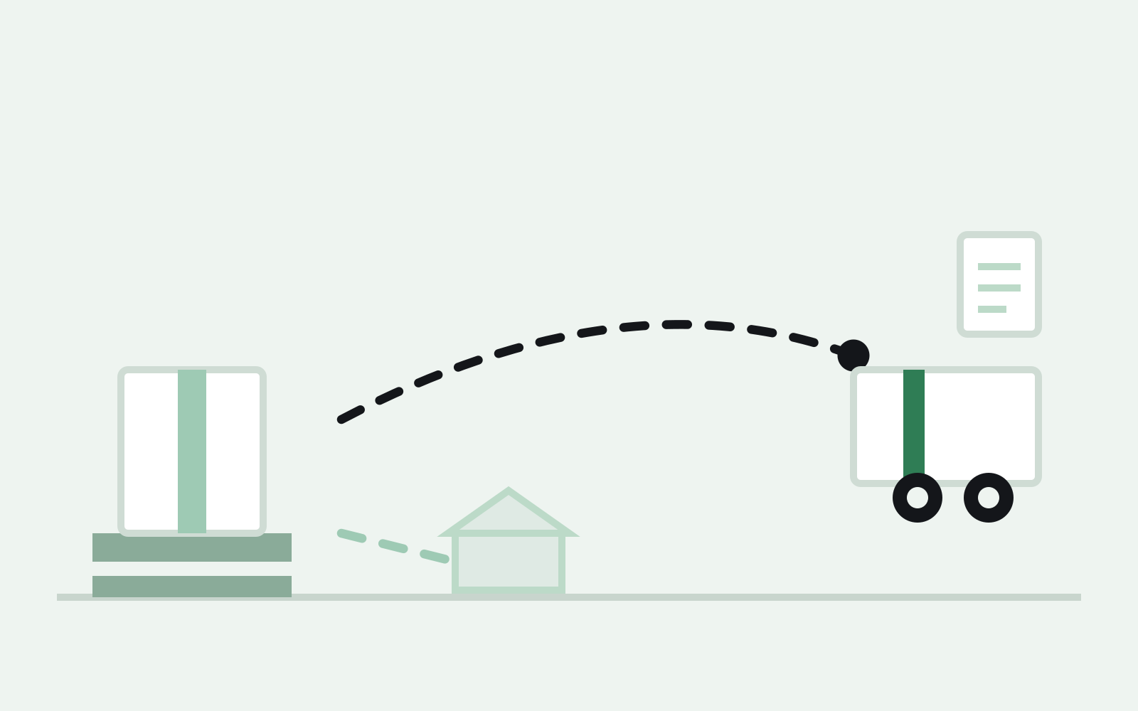 A box on a pallet with two paths forking: one to a small self-storage garage, one straight onto a truck bound for a buyer's dock