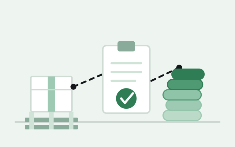 Excess inventory box connected to a checked-off form and a stack of coins, representing what happens when you liquidate inventory and whether a 1099-K applies