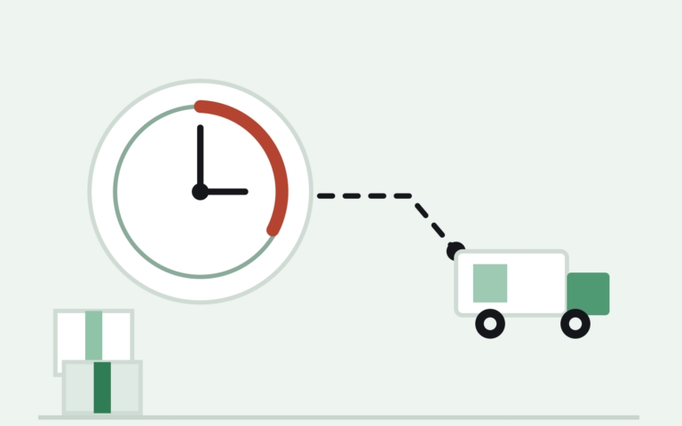 Clock with business hours cut off in red, linked by a dashed route to a delivery truck, illustrating the Amazon Business Hour Delivery Rate