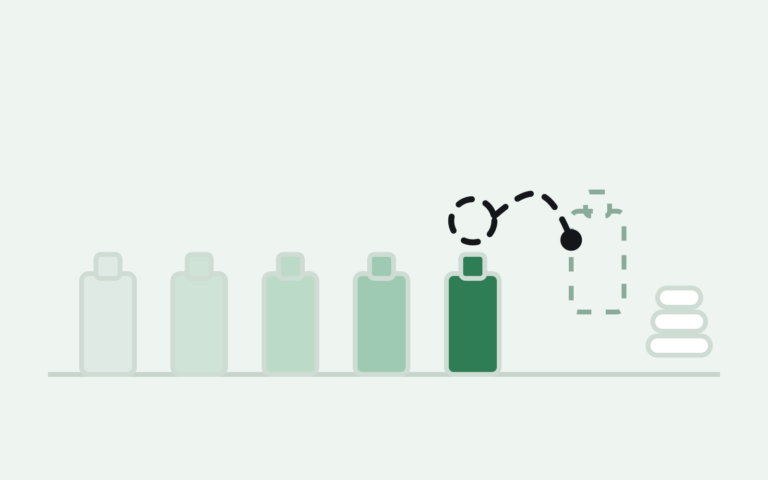 Row of product bottles on a shelf shading from light to deep green as they near their amazon fba expiration date requirements deadline, with the flagged bottle routed toward removal