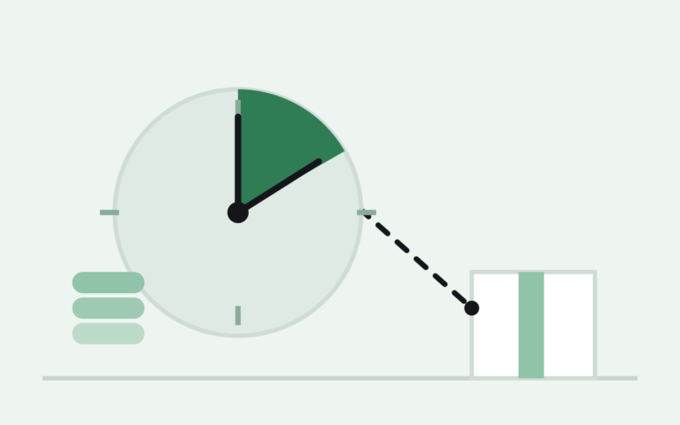 A clock face with a green wedge counting down beside a taped warehouse box, illustrating the Amazon FBA reimbursement deadline