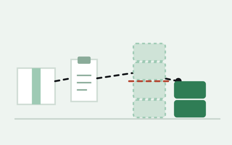 A lost inventory box and claim form leading to a shorter payout stack, illustrating Amazon's FBA reimbursement policy change from sale price to cost basis