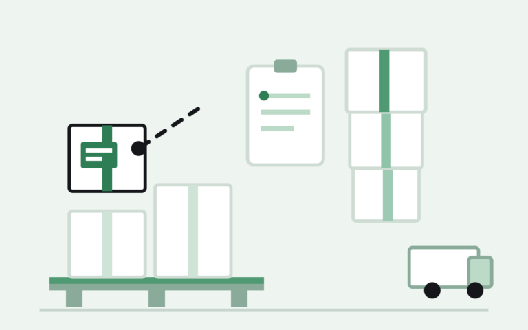 Pallet of boxes on an Amazon FBA shelf, one being marked with an FNSKU label under a compliance checklist, representing the amazon FNSKU labeling requirement for resellers