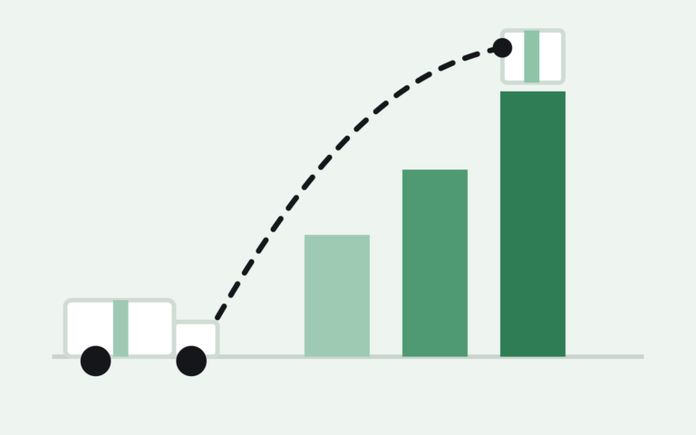 Bar chart showing sales climbing through Q4 into a spike of post-holiday returns, with a delivery truck and a dashed return path arcing back to a stacked box