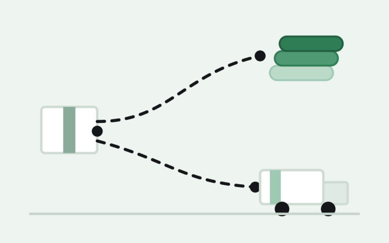 A package splitting into two paths, one to a coin stack representing an amazon returnless refund and one to a delivery truck for a standard return