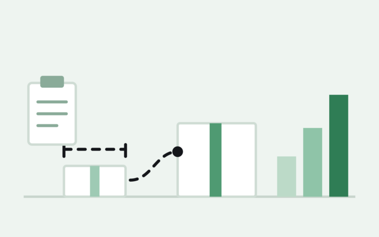 Caliper measuring a small box's thickness beside a rising fee bar chart, illustrating an amazon size tier change