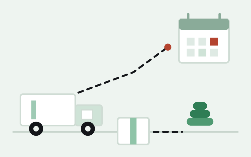 A delivery truck missing the calendar date for the Amazon inbound deadline, with a box splitting toward a stack of cash