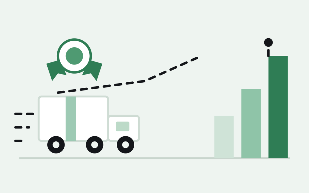 Delivery truck racing toward a rising bar chart under a Prime badge medal, illustrating tightened Seller Fulfilled Prime requirements