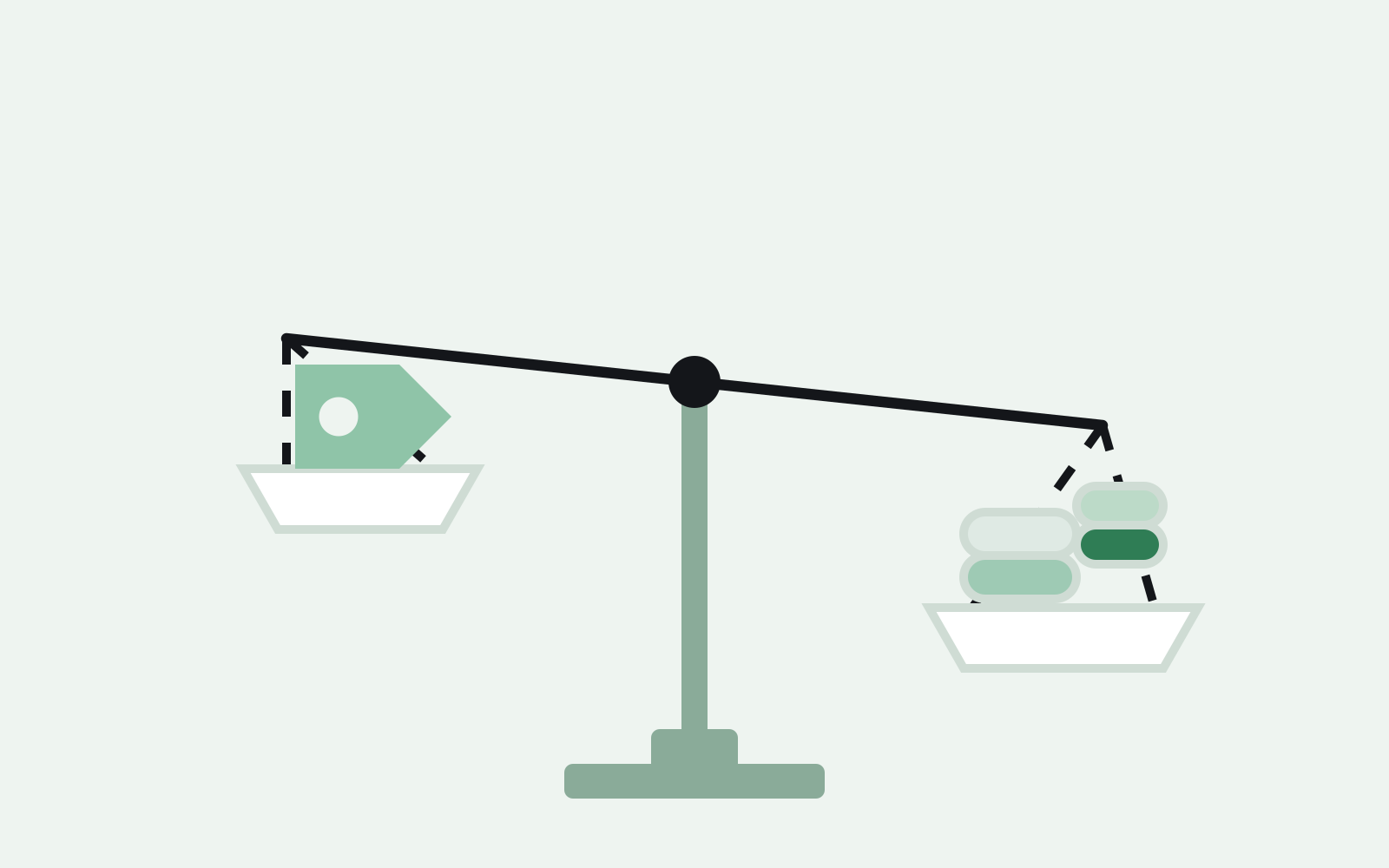 balance scale weighing a discount price tag against a stack of coins, representing the choice between a markdown clearance listing and selling excess inventory in bulk