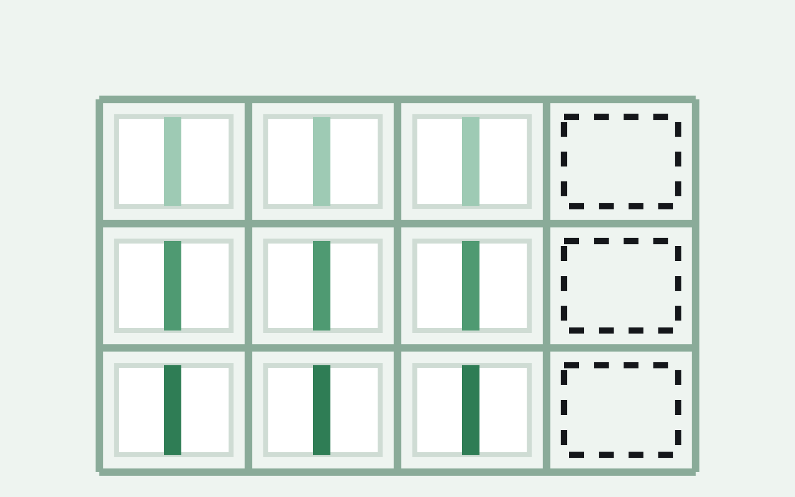 Warehouse storage rack with three columns of shelves filled with boxes and one column deliberately left empty and reserved, representing held-back capacity