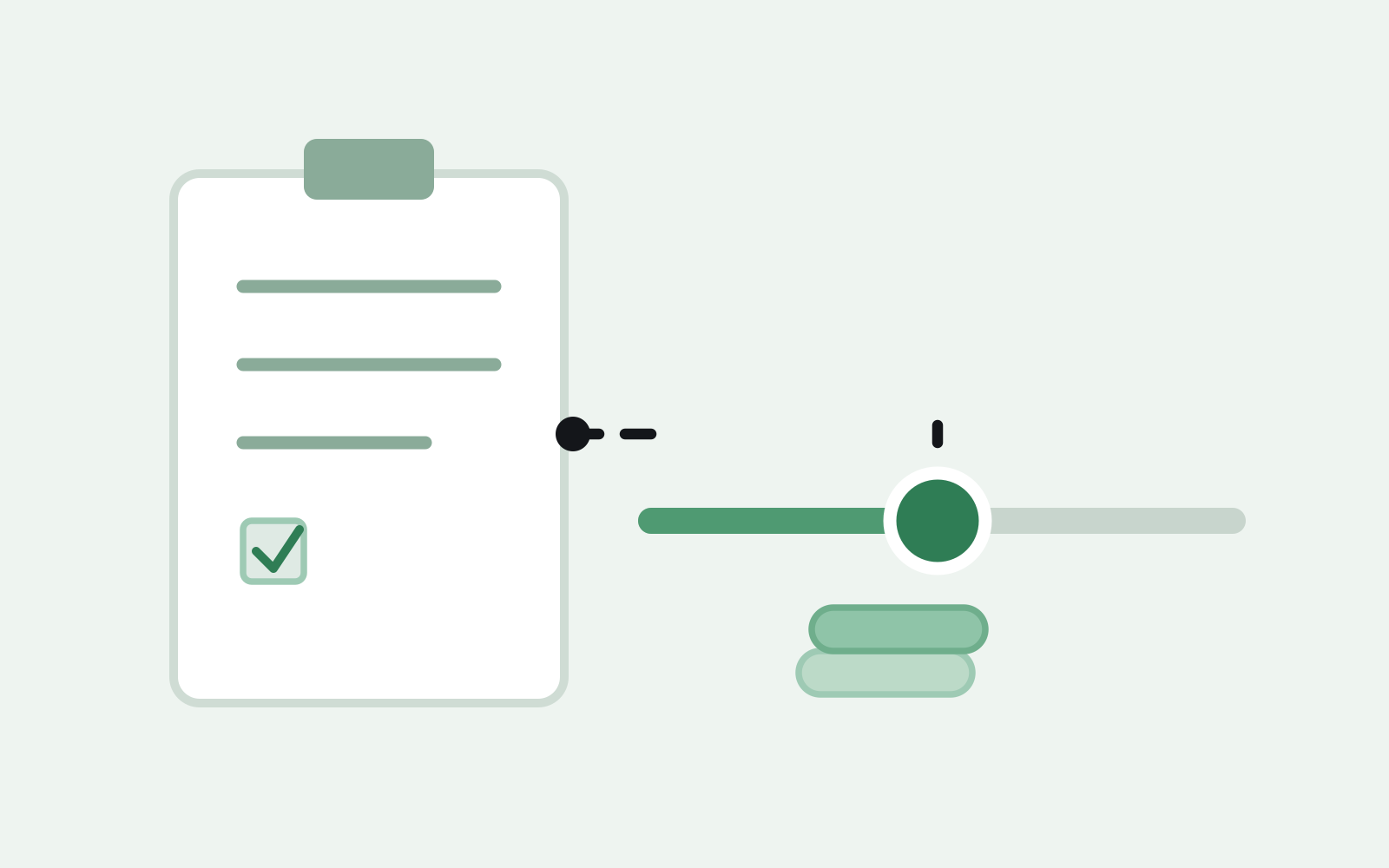 a clipboard checklist connected to a threshold slider and coin stack, representing setting returnless refund price thresholds